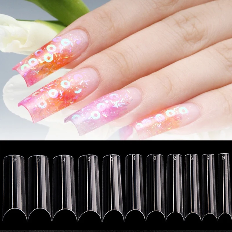 500 Pcs +50pcs Long Curved Full Cover False Nail Tips Transparent C Shaped Fake Nails Artificial Acrylic Gel UV Manicure Set DIY