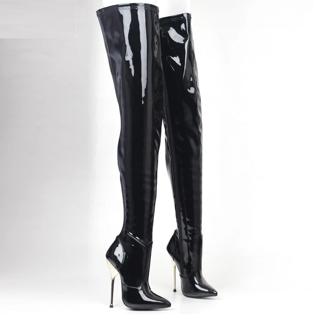 Women 14CM Super High Heel Pointed toe Zip Black Patent Leather Sexy Fetish Over-the-Knee Crotch Long Boots Fast Shipping