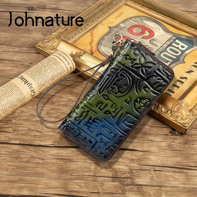 

Johnature Retro Embossed Wallets Card Holder 2024 New Genuine Leather Women Large Clutch Wallet First Layer Cowhide Phone Purse