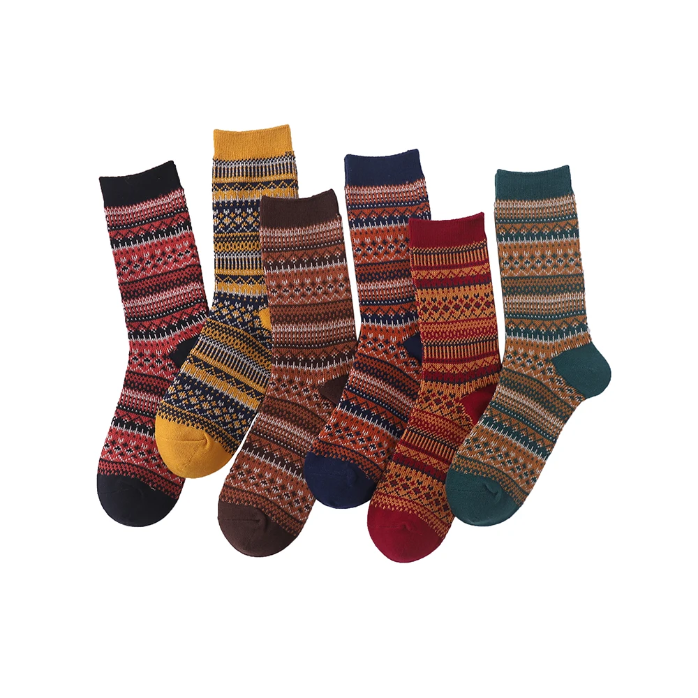 1 Pair Women Socks Spring Autumn Retro Style Men Couple Cotton Socks National Style Stripes Pattern Solid Color Socks