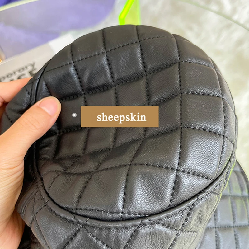 Chic Leather Fisherman Hat For Women Men Real Skin Checkered Embroidery Neutral Basin Caps Korean Plaid Winter Casquette Street