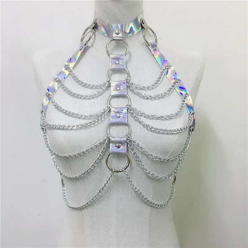 Gothic Faux Leather Holographic Outfit Sexy Backless Metal Chain Tops Adjustable Mini Skirt Night Party Rave Festival 2 Pcs Sets