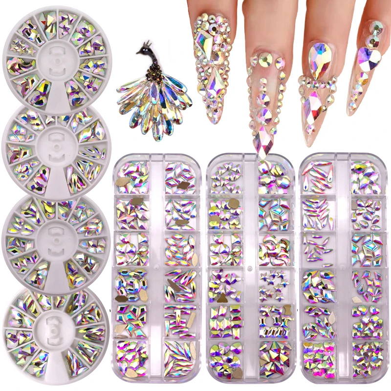 

240pcs/box Nail charms mix AB multi-color glass crystal diamond stone 12 grid box 12 shapes flat back manicure nail crystal set