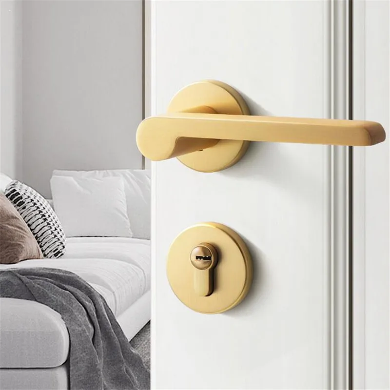 Nordic Modern Indoor Brushed Solid Zinc Alloy Gold Door Lock Interior Door Lock Bedroom Mute Magnetic Door Lock Handle Set