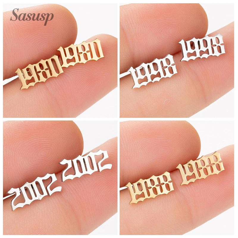 Sasusp Personalize Stainless Steel Year Number Earrings 1980 to 2010 Earrings For Women Old English Custom Ear Studs For Men