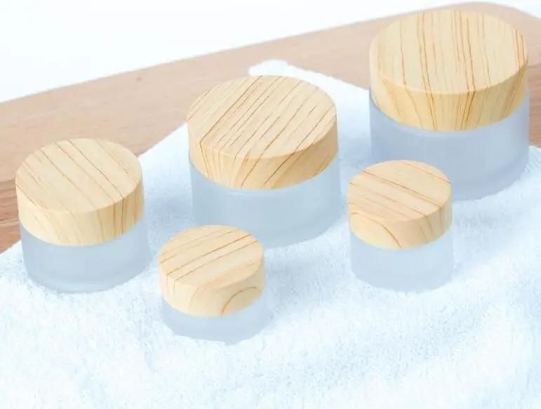 Frosted Glass Jar Cream Bottles Round Cosmetic Jars Hand Face Packing Bottles 5g 10g 15g 30g 50g Jars With Wood Grain Cover