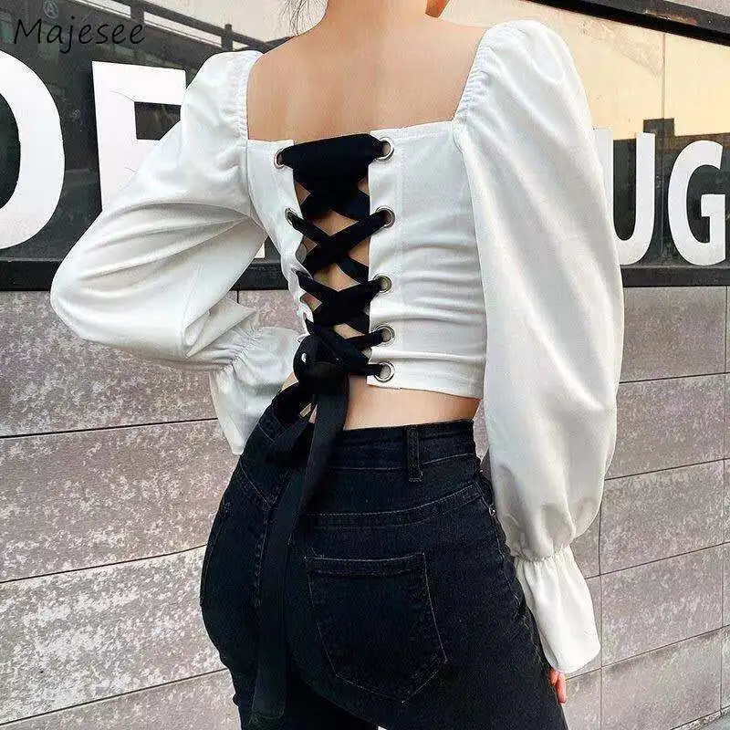 Shirts Women Crop Top Solid Slash Neck Backless Lace Up Designer Korean Style Fashion Sexy Streetwear Ins Popular Females Spring