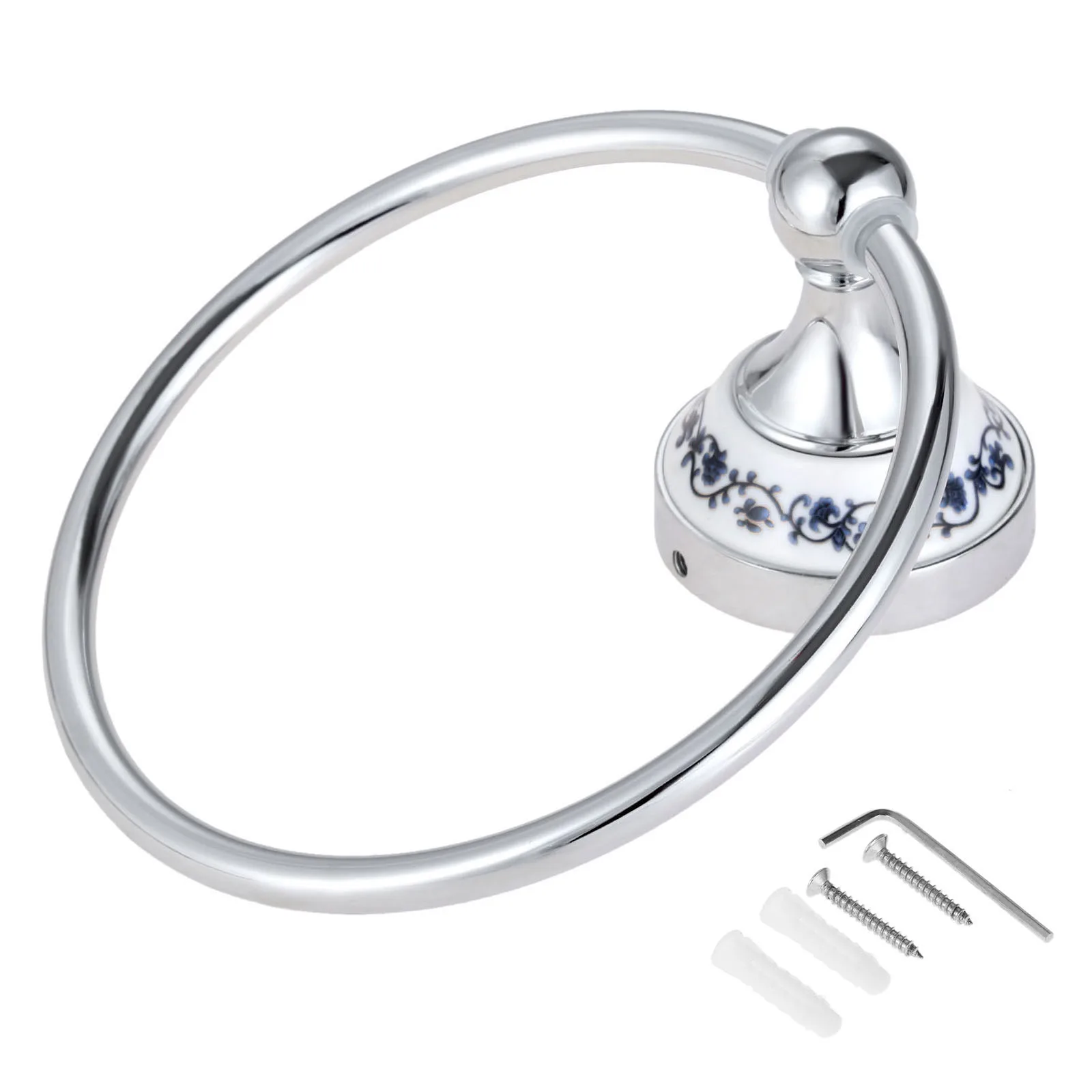 1set Silver Towel Ring Hook Holder Wall Mount Rack Blue&White Porcelain Ceramic Base Stainless Steel Old Chinese Decor 157mm