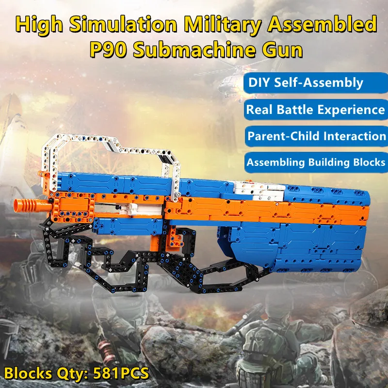 

Parent-Child Interaction Launch Rubber Band P90 Submachine Gun Real Battle Experience DIY Assembly 58.3CM Building Block Kid Toy