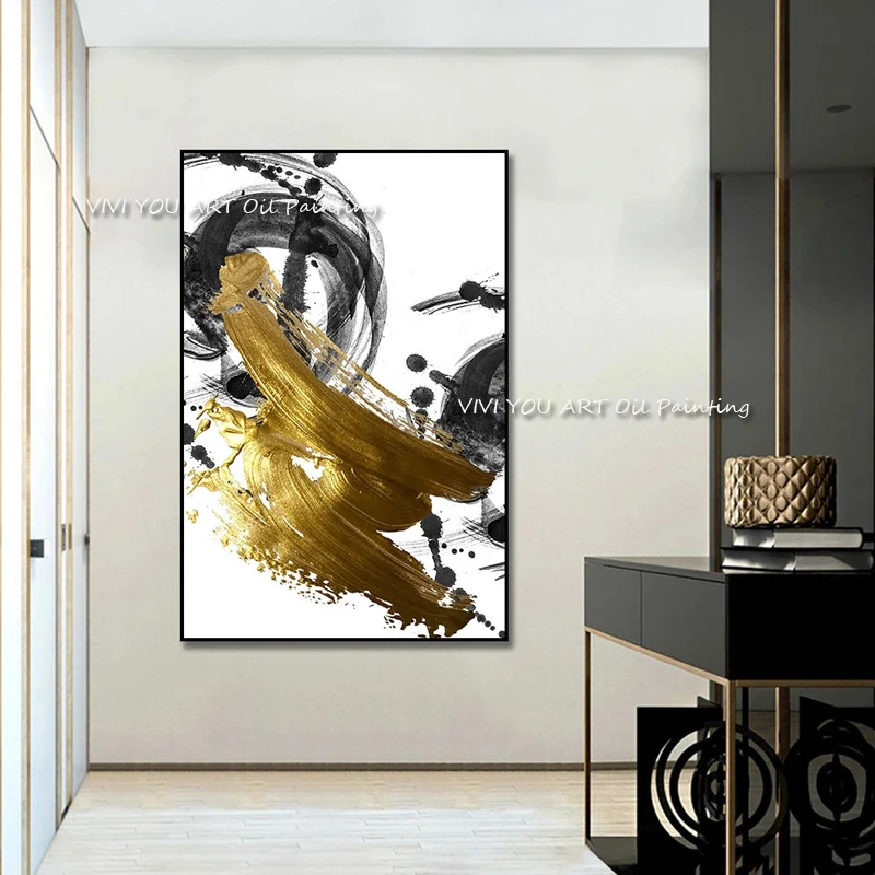 New Abstract Gold Black Frameless 100% Handmade Oil Painting On Canvas Decoration Accessories Wall Art Pictures For Living Room