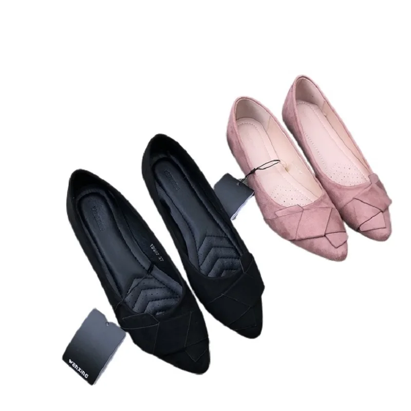 New 2021 Spring Women's Flat Shoes Flock Bow Ballet Flats Pointed Toe Slip On Moccasins Ladies Loafers Soft Casual Shoes Female