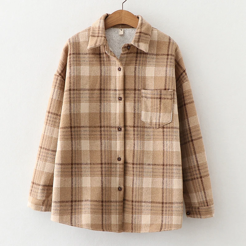 Woman Blous Shirt Women Velvet Plaid Blouses Thicken Jacket Winter Women Vintage Jacket Loose Button Up Top Autumn Warm Shirt