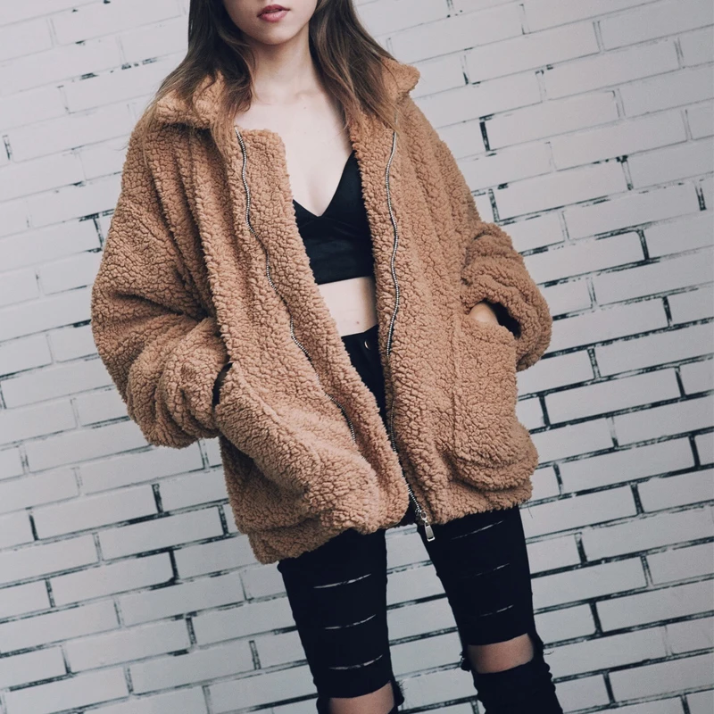 Autumn Winter Faux Fur Coat Women 2021 Casual Warm Soft Zipper Fur Jacket Plush Overcoat Pocket Plus Size Teddy Coat Female