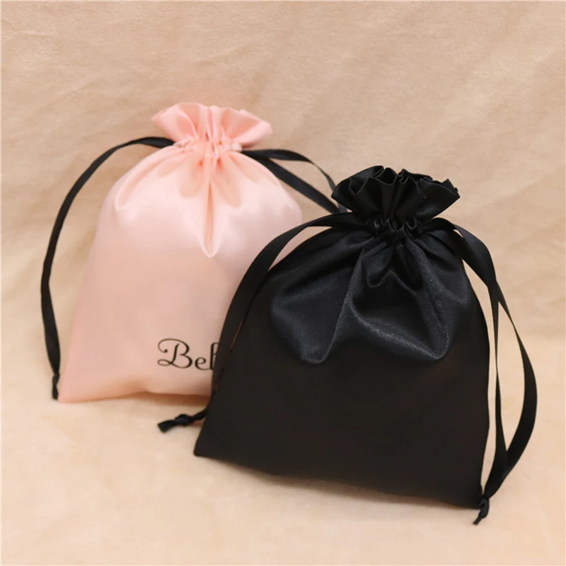 

Satin Hair Bags Packing Jewelry Cosmetic Makeup Silk Drawstring Pouches Gift Packages Wigs Storage Sachet Print Logo 50PCS