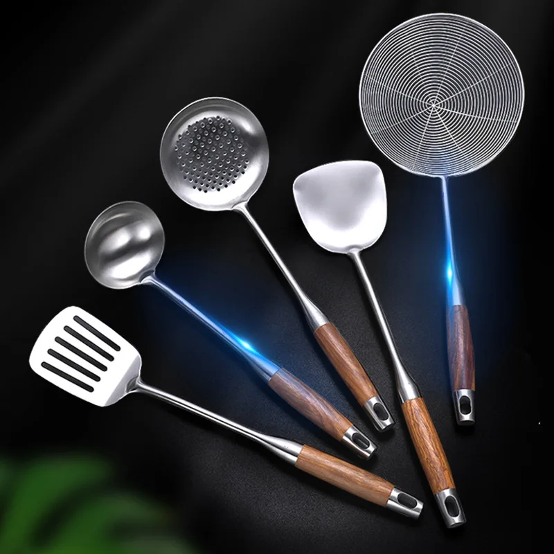 304 Stainless Steel Wood Handle Wide Fried Fish Spatulas Steak Shovel Fish Turner Slotted Beveled Kitchen Cooking Utensils