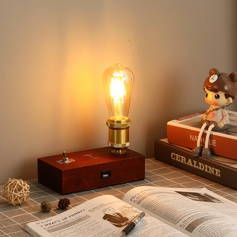 

American Retro Creative USB Wireless Charging Edison Table Lamp For Bedroom Study Living Room Household Solid Wood Desk Light