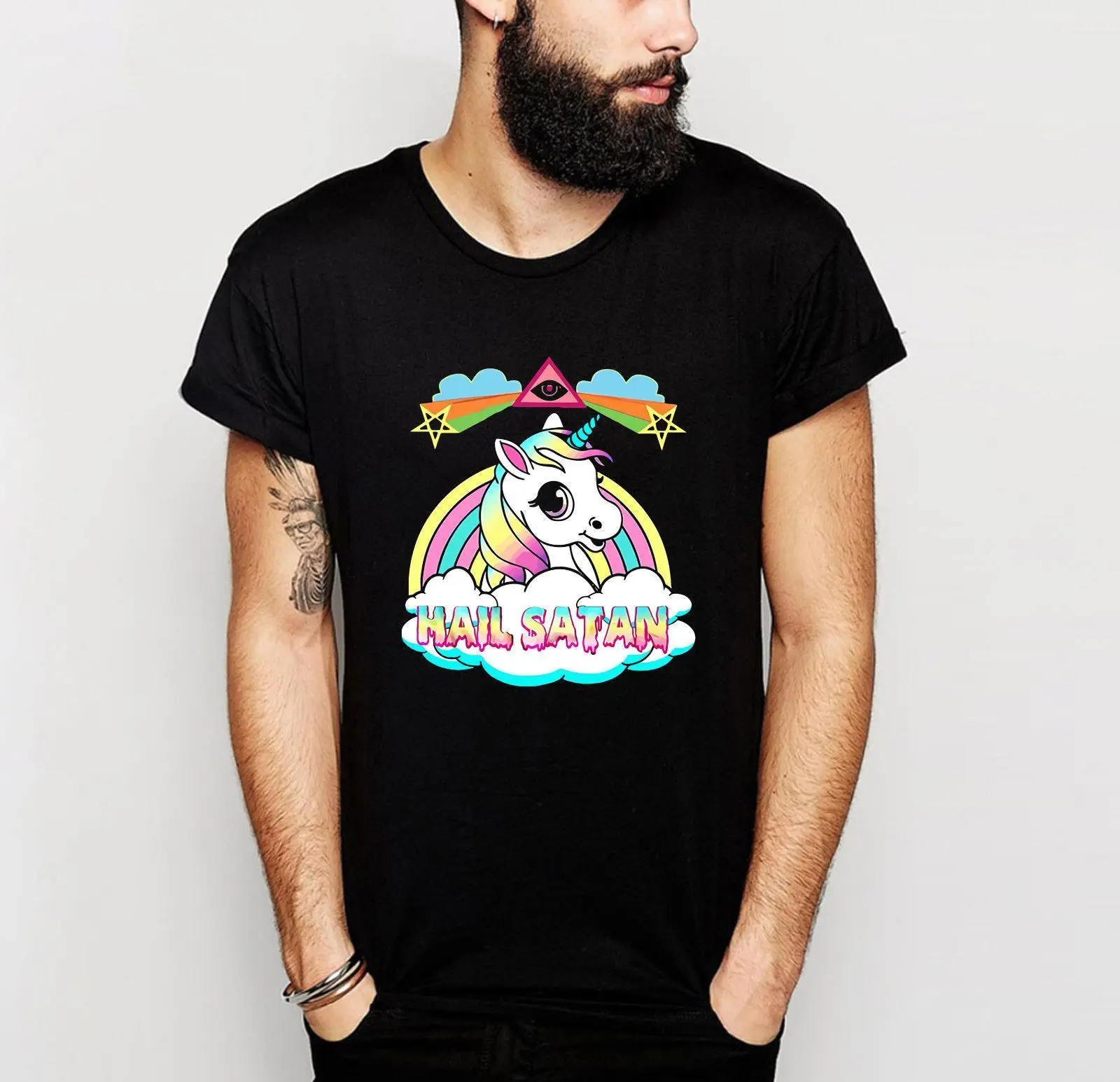 Hail Satan Death Metal Unicorn Rainbown Comedy T Shirt Short Sleeve T Shirt Men Summer Short Sleeves Cotton T Shirt Fashion