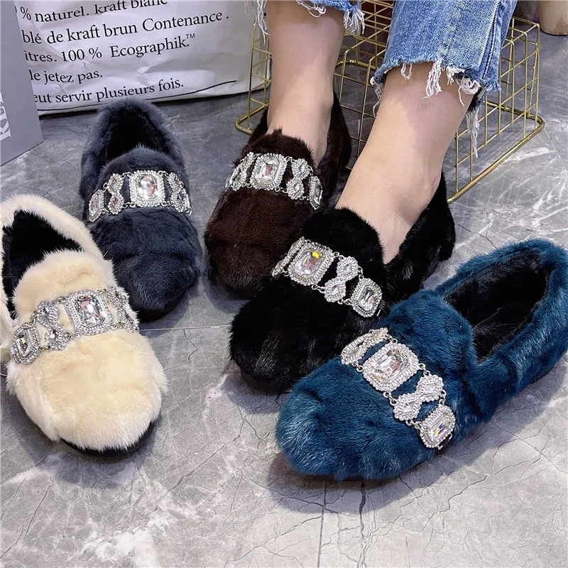 Crystal Women Winter Warm Fur Loafers Casual Thick Sole Moccasins Walking Snow Shoes Woman Mink Fur Espadrilles Flats Creepers