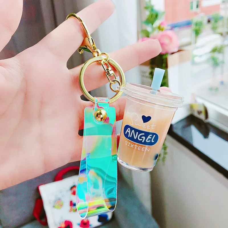 Creative Mini Soft Drink Keychain Milk Tea Beverage Bubble Tea Keyring Moving Liquid oil Drop Decompression Keyfob Jewelry Gift