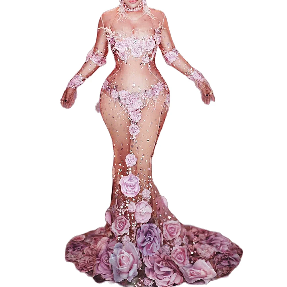 

Женское платье с длинным рукавом, розовое облегающее тянущееся платье с длинным рукавом, прозрачное Сетчатое платье, костюм для сцены певицы