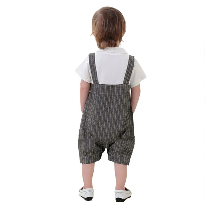 Baby Boys Stripe Bow Tie Clothes Suits Kids Summer Short Sleeve England Overalls+Vest Boy 1 Years Baptism Christening Clothing