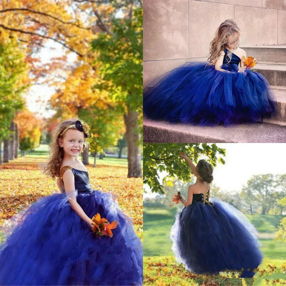 

New Tulle One-Shoulder Lace up Kids Formal Wear Birthday Christmas Girls Pageant Wedding Party Events Flower Girls Dresses