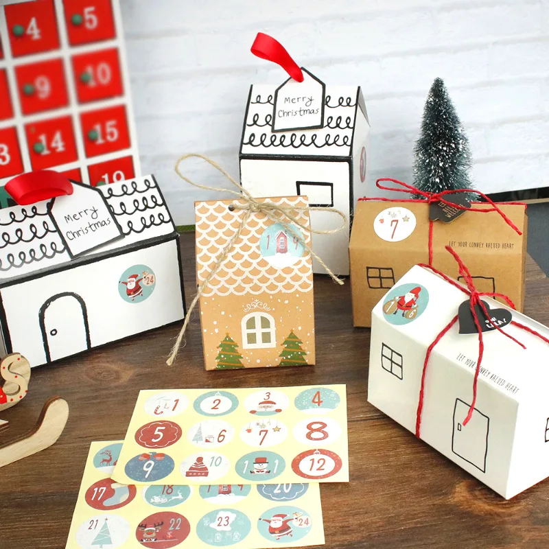 24sets House Kraft Paper Merry Christmas Candy Box Gift Bags With Ropes Hange Tags Stickers DIY Packaging Boxes Party Decoration