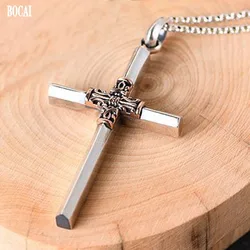 BOCAI New Pure S925 Silver Retro Inlaid with Copper Pattern Fashion Man’s Pendant Glossy Cross Pendant