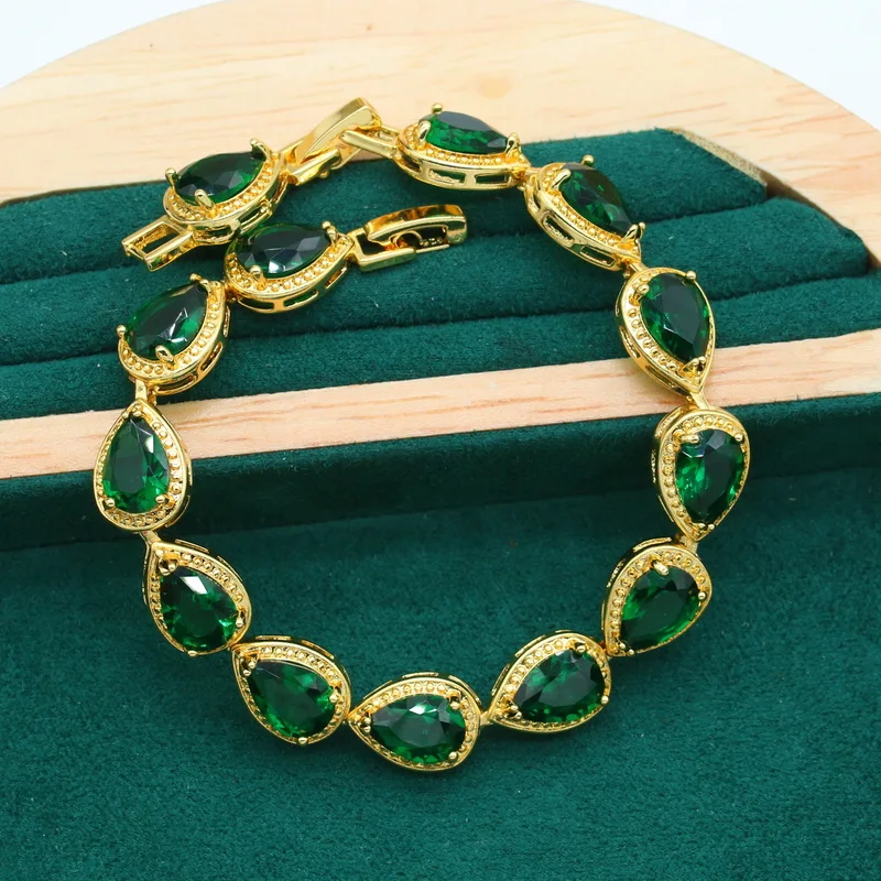 Dubai Wedding Jewelry Set for Women Bride Green Red Stone Bracelet Earrings Necklace Pendant Ring  Gift