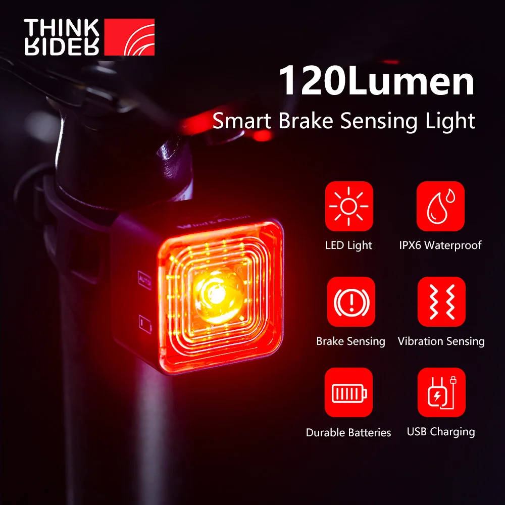 ThinkRider Smart Bicycle Tail Rear Light Auto Start Stop Brake IPX6 Waterproof USB Charge Cycling Tail Taillight Bike LED 120LM