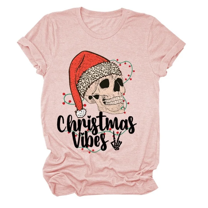 Natal vibes crânio cabeça impressão t camisa das mulheres manga curta o pescoço solto tshirt das senhoras camiseta topos camisas mujer