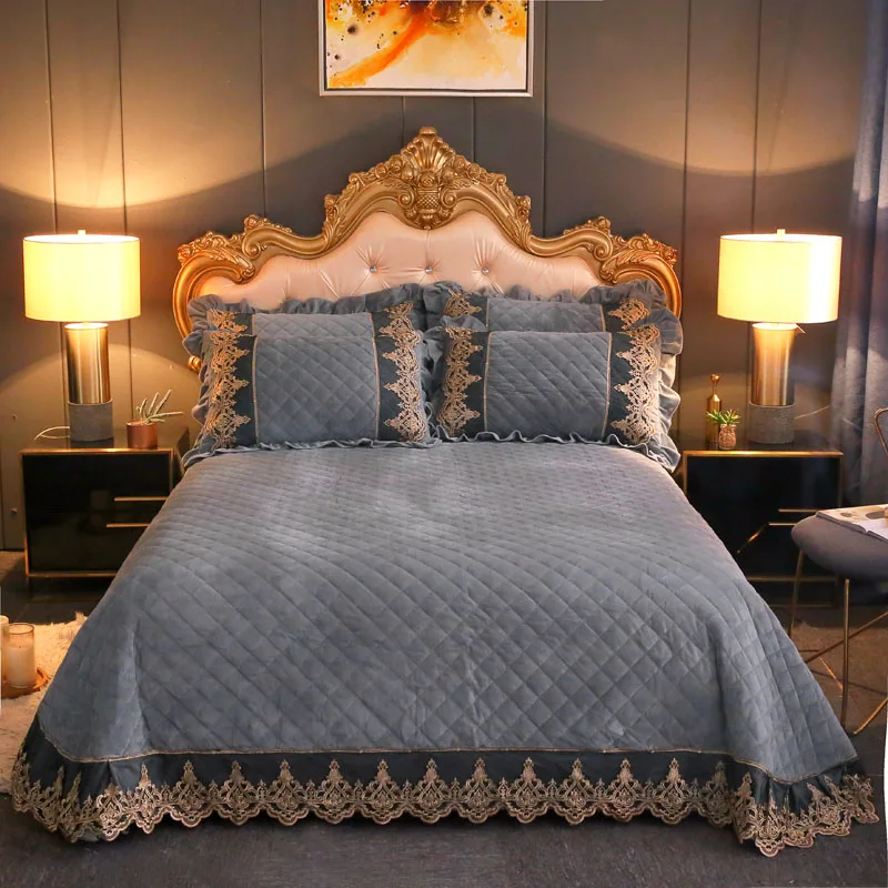

Quilt Set King Queen Size 3/5Piece Fleece Plush Warm Coverlet Modern Style Diamond and Lace Bedspread Set Deep Green/Grey Color