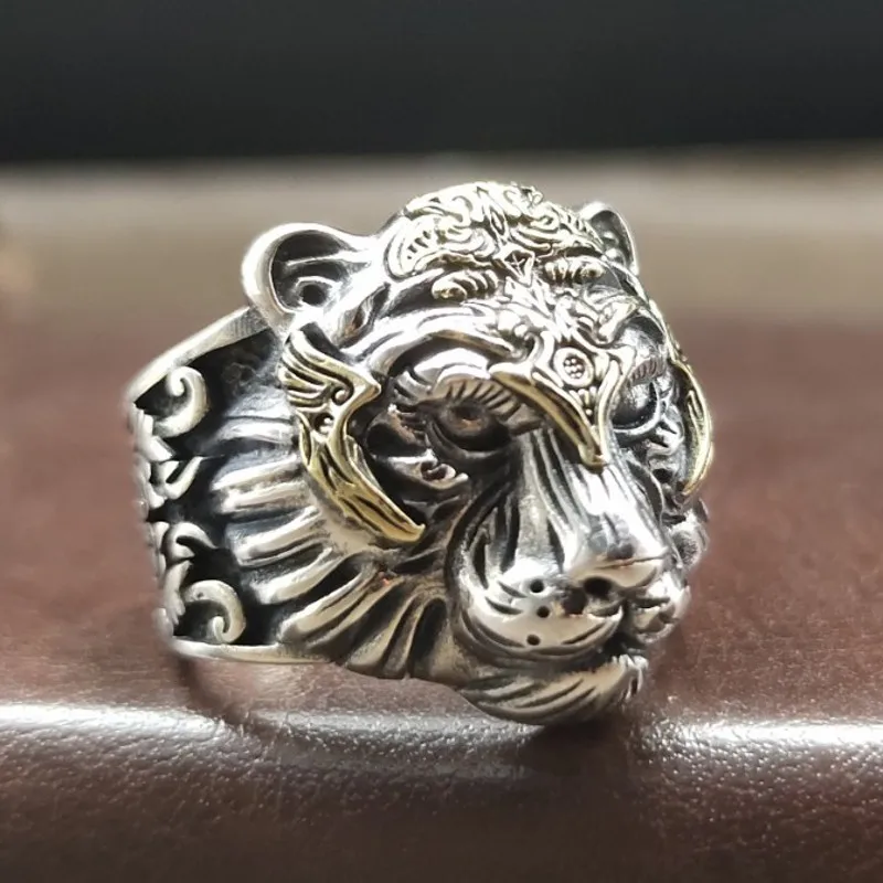 BOCAI s925 Silver Tiger Head Ring 2021 Trendy Style Adjustable Lively Rock and Roll Hip-hop Personality Domineering Man Ring