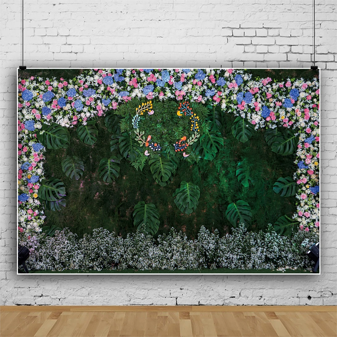 

Laeacco Flowers Wedding Photo Wall Green Palms Tree Love Stage Portrait Photographic Background Photo Backdrop For Photo Studio