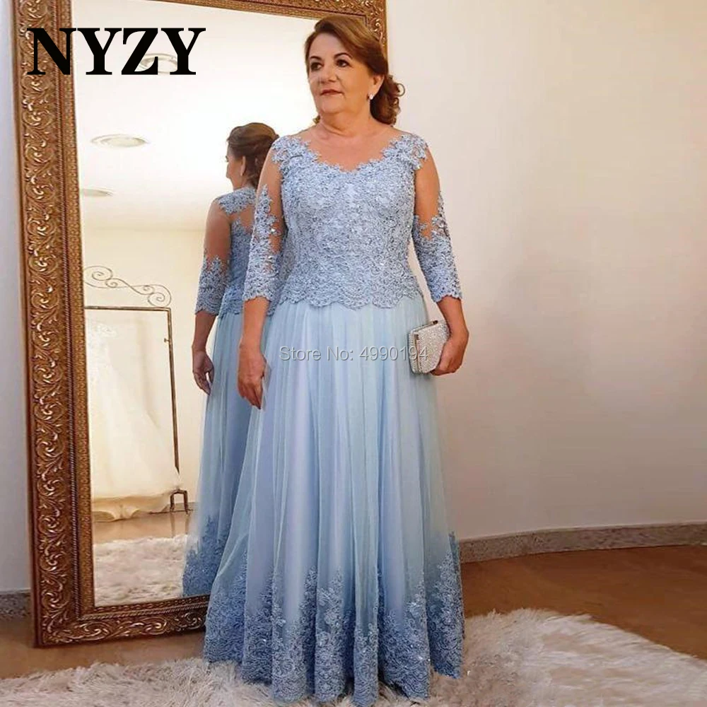 Elegante Sky Blue Lace Mutter der Braut Kleider mit Ärmeln 2020 NYZY M262 vestidos de fiesta de noche Formale kleid