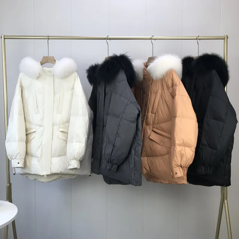 Women's 2021 Winter New Fashion White Down Jacket Women Mediumn Long Oversized Thick Big Fur Collar Warm Causal Jacket Female