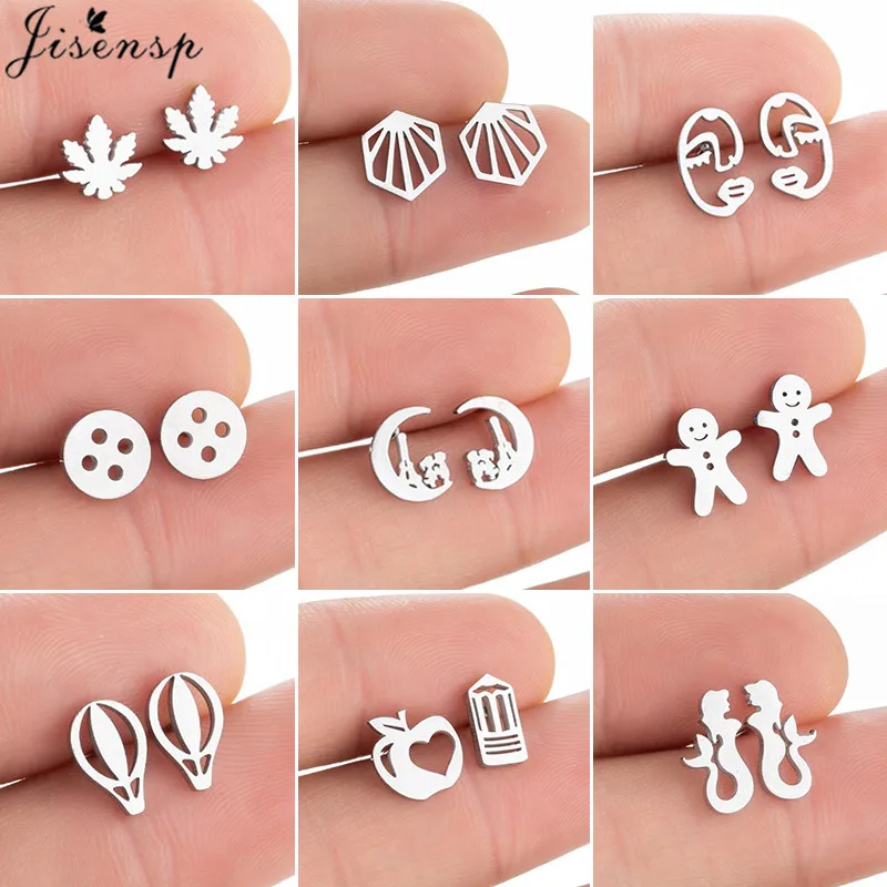 Mini Stainless Steel Earings Fashion Jewelry 2021 Trendy Button Apple Mermaid Ear Studs Boho Maple Leaf Earrings Pendientes Gift