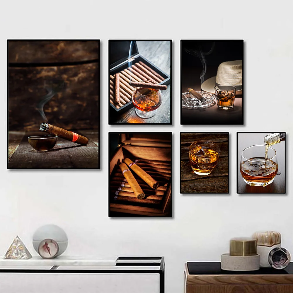 Modern Cigar and Whiskey Red Wine Canvas Painting Nordic Posters and Prints Cuadros Wall Art Picture for Kitchen Home Decoration