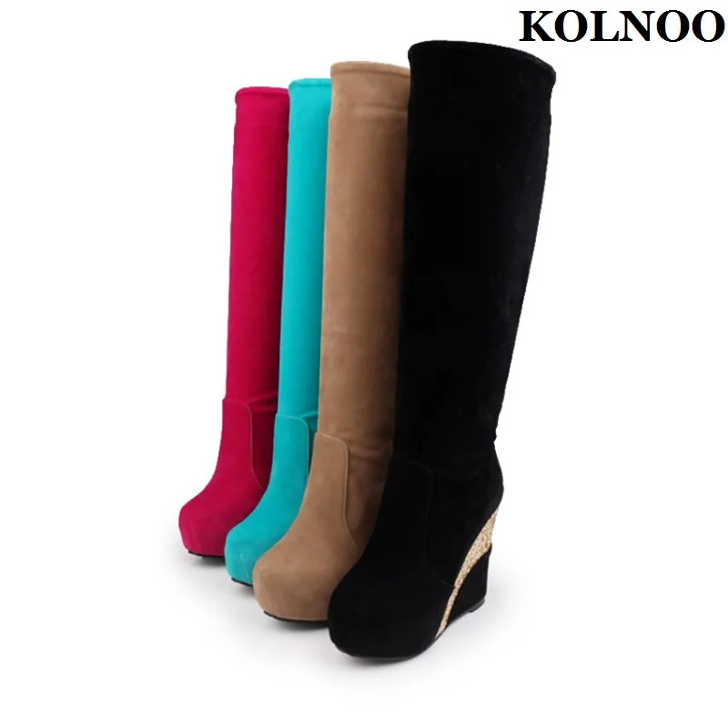 Kolnoo New 2022 Handmade Women Wedges Heel Knee-High Boots Faux Kid-Suede Party Prom Half Booties Evening Fashion Winter Shoes