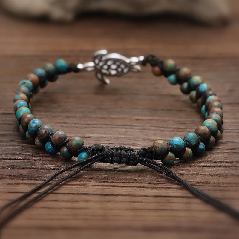 Save The Turtles Natural Stone Beads Bracelet Stainless Steel Charm Women Handmade String Braided Wrap Double Layers Bracelet