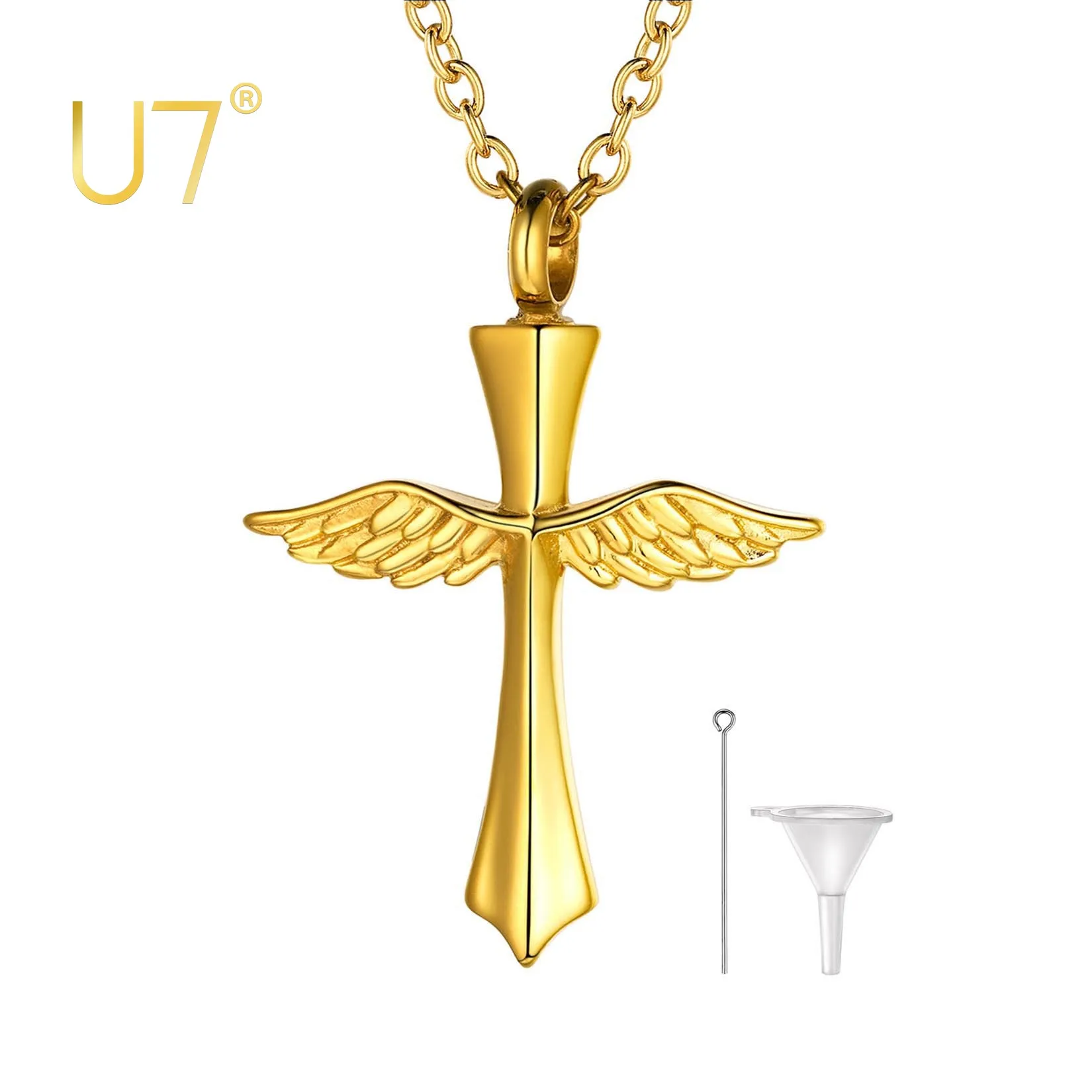 U7 Urn Necklace for Human/Pet/Dog Ashes Waterproof Keepsake Cremation Jewelry Cross Angel Wing Pendant for Men Women