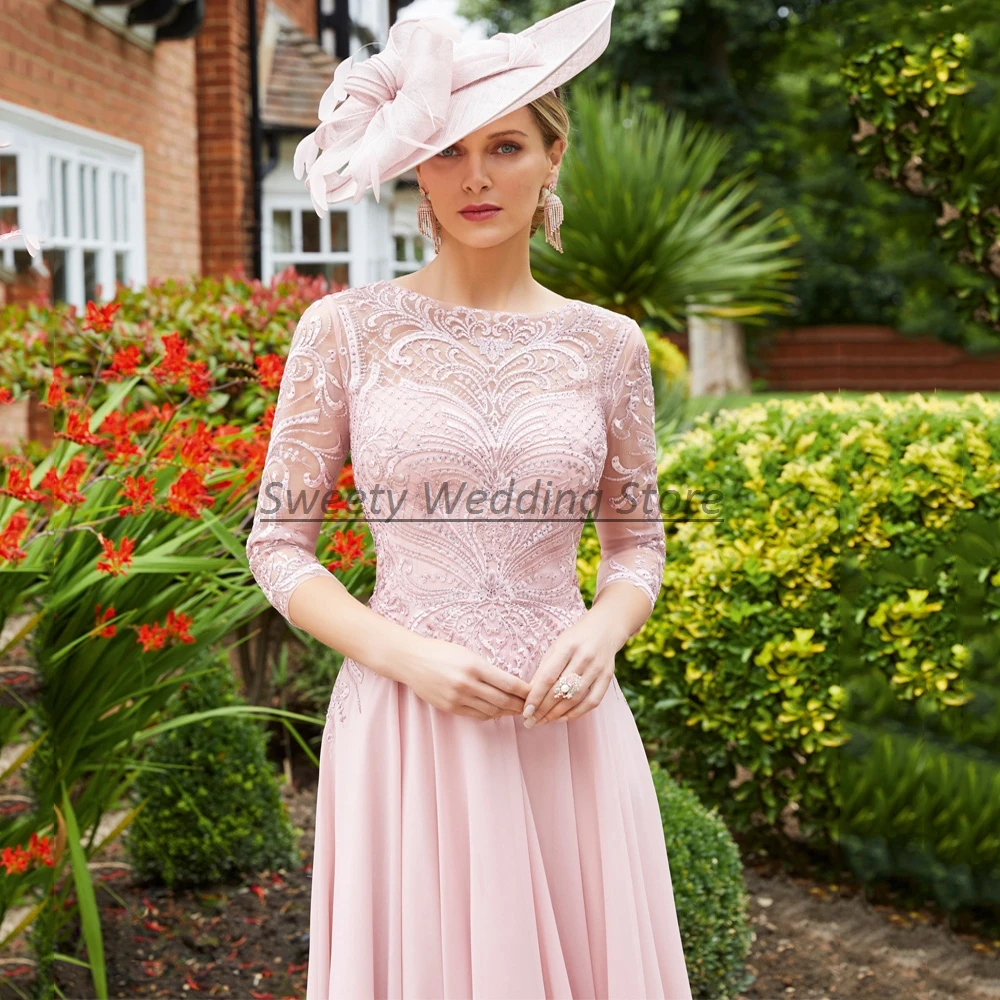 Dusty Rose Mother of The Bride Dress O Neck 3/4 Sleeves Beading Lace Tea Length Chiffon A Line Wedding Guest Gowns