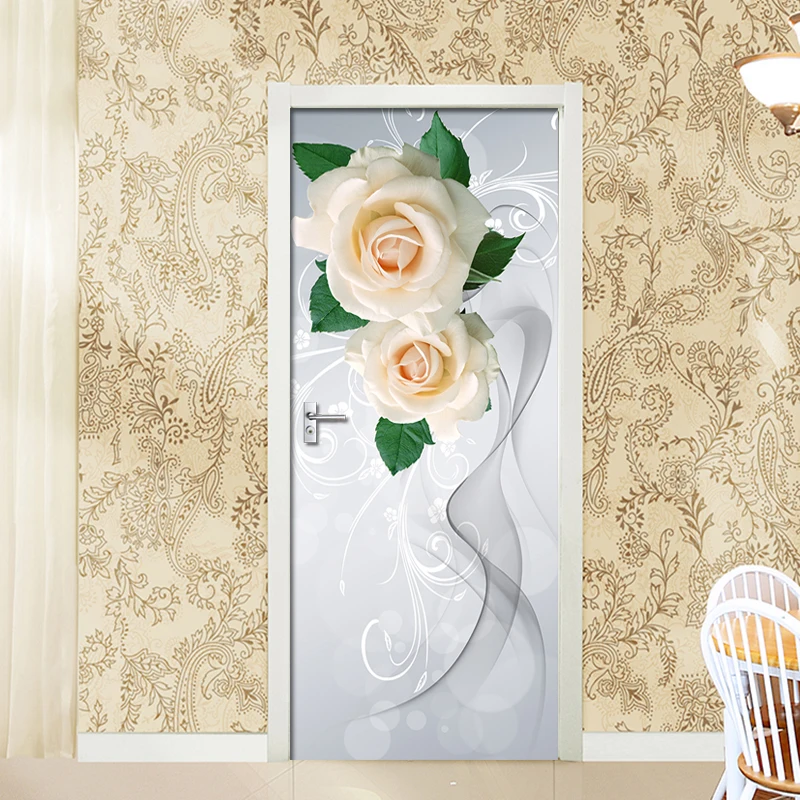 

Art Door Sticker Rose Smoke Waterproof Living Room Bedroom Door Wallpaper Self Adhesive Wall Decals Imitation 3D Wall Stickers