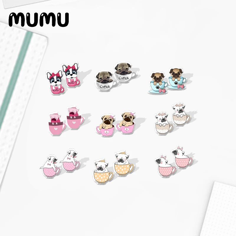 2021 New Pink Pug in Cup Stud Earring Epoxy Jewelry Resin Acrylic Earrings Handmade Gifts Girl