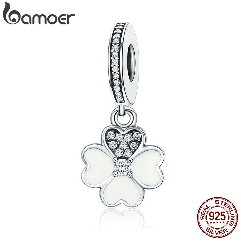 BAMOER Genuine 925 Sterling Silver Heart Petals Clover Dangle Charm fit Original Charm Bracelets Women DIY Fine Jewelry SCC259