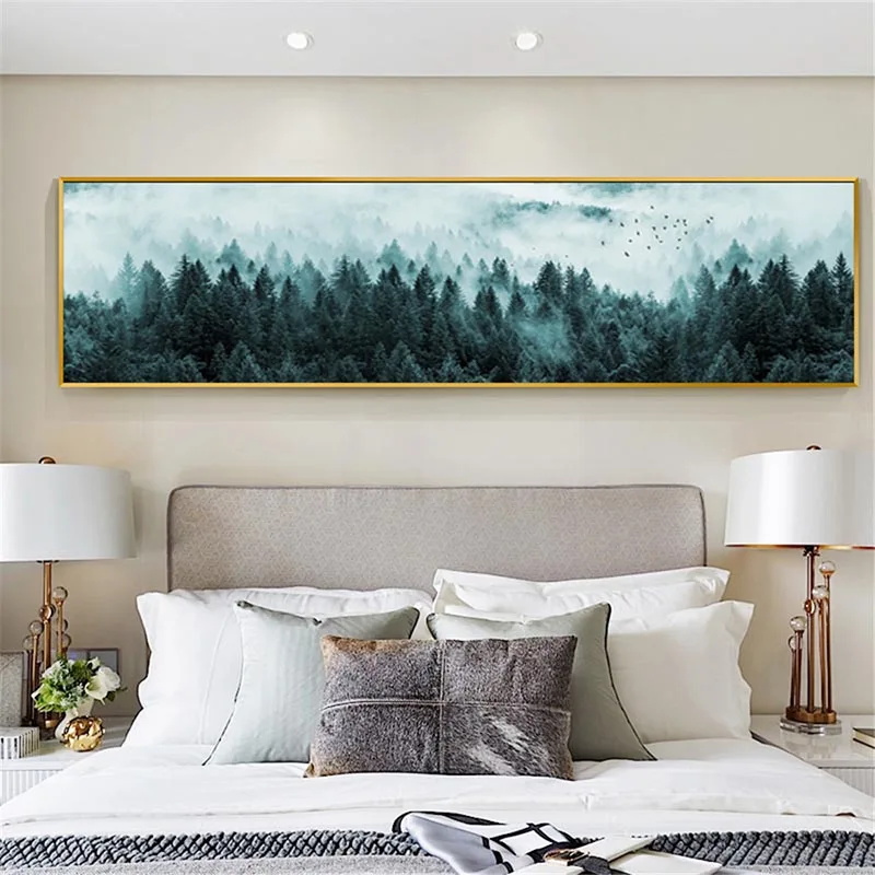 Pintura en lienzo de bosque de pino de niebla minimalista nórdico, paisaje oscuro, árboles brumosos, imagen de pared, sala de estar, decoración del hogar sin marco