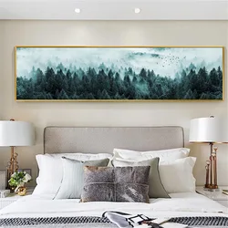 Nordic Minimalist Foggy Pine Forest Canvas Painting Dark Landscape Misty Trees Wall Picture Living Room Home Decor No Frame