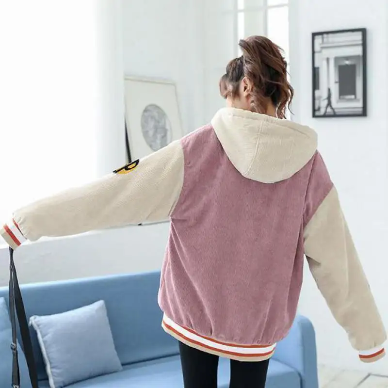 Winter Fashion Blue Plus Velvet College Style Women\'s Hoodie Casual Corduroy Stitching Harajuku Letter Coat Cardigan Sweatshirt