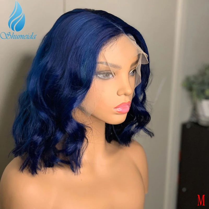 Shumeida Wig renda depan 13*4 warna biru rambut manusia Remy Brasil gelombang tubuh Wig Bob pendek dengan rambut bayi