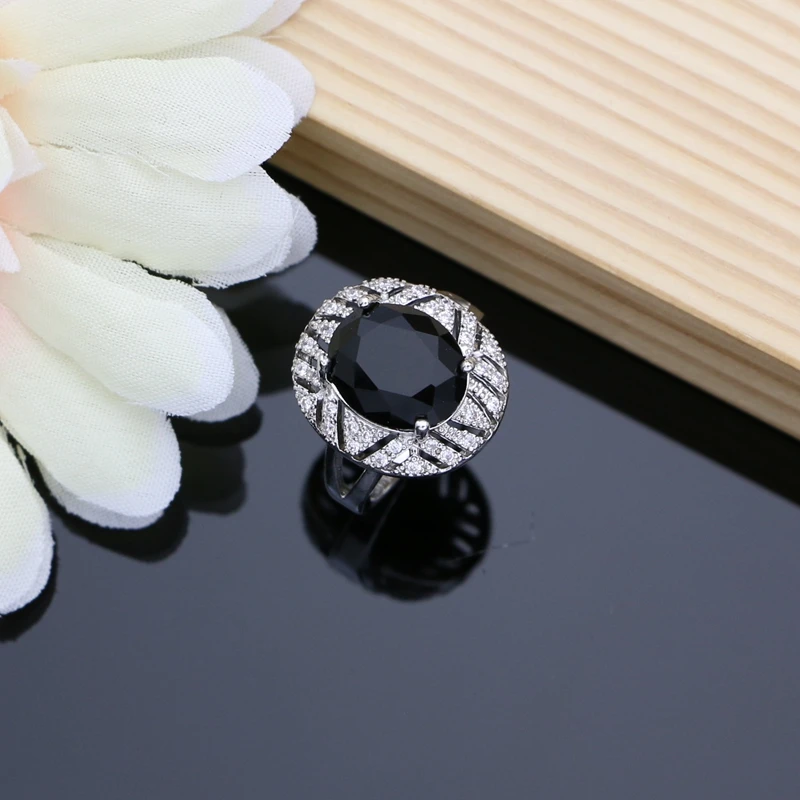 Black Obsidian 925 Silver Jewelry Sets Hoop Earrings Rings Accessories Women Wdding Fine Jewellry Necklace Set  Dropshipping